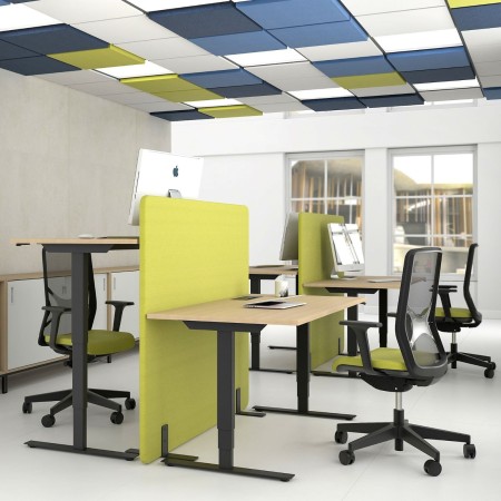 Panneau acoustique de plafond pour open space et bureaux installé dans un bureau à Fribourg.