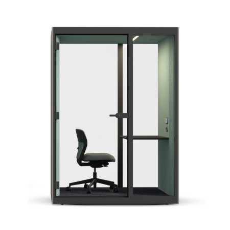 Cabine acoustique de bureau SONUS S+ pour une personne avec porte vitrée et isolation phonique classe B.