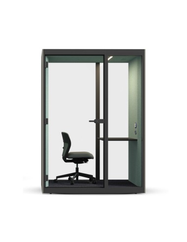 Cabine acoustique de bureau SONUS S+ pour une personne avec porte vitrée et isolation phonique classe B.