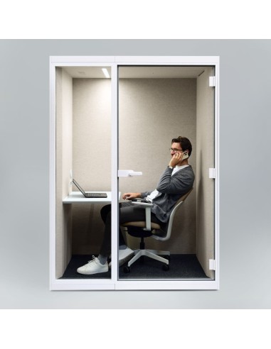 Cabine SONUS S+ pour travail concentré avec absorption sonore de classe B et prises électriques.