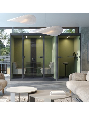 Cabine acoustique de réunion SONUS M pour 2 personnes avec éclairage LED installée à Martigny.