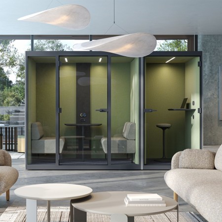 Cabine acoustique de réunion SONUS M pour 2 personnes avec éclairage LED installée à Martigny.