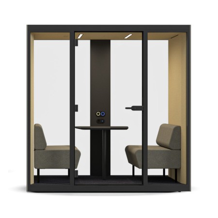 Cabine acoustique de réunion SONUS M pour 2 personnes avec isolation phonique classe B et assises intégrées.
