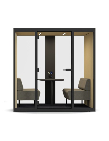 Cabine acoustique de réunion SONUS M pour 2 personnes avec isolation phonique classe B et assises intégrées.