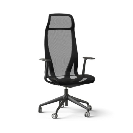 Fauteuil de direction D-CHAIR en résille noire avec dossier haut, têtière intégrée et piètement cinq branches.