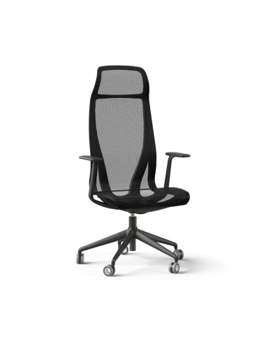 Fauteuil de direction D-CHAIR en résille noire avec dossier haut, têtière intégrée et piètement cinq branches.