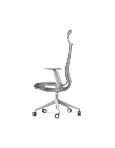 Fauteuil de direction en résille avec têtière D-CHAIR grise de profil.