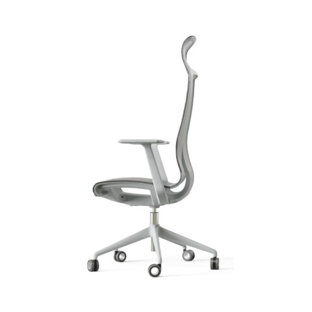 Fauteuil de direction en résille avec têtière D-CHAIR grise de profil.