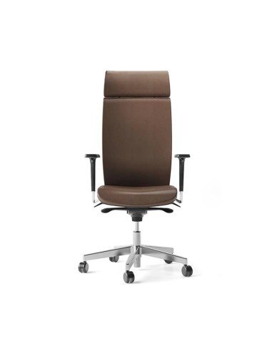 Fauteuil de direction AURA avec appui-tête, mécanisme synchrone, assise rembourrée, accoudoirs au choix et finitions.