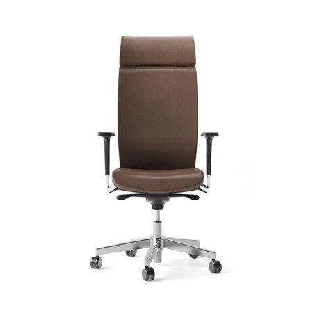 Fauteuil de direction AURA avec appui-tête, mécanisme synchrone, assise rembourrée, accoudoirs au choix et finitions.