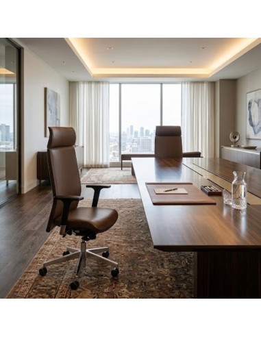Fauteuil de direction AURA installé dans un bureau professionnel haut de gamme à Neuchâtel avec grande table de réunion.