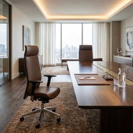 Fauteuil de direction AURA installé dans un bureau professionnel haut de gamme à Neuchâtel avec grande table de réunion.
