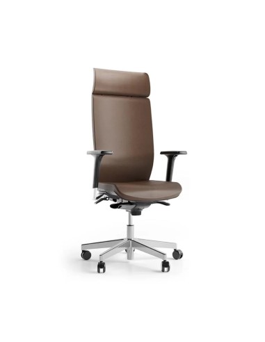 Fauteuil de direction AURA marron avec dossier haut rembourré, appui-tête fixe, accoudoirs et base aluminium.