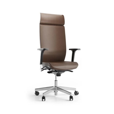 Fauteuil de direction AURA marron avec dossier haut rembourré, appui-tête fixe, accoudoirs et base aluminium.