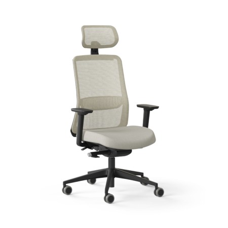 Chaise de bureau ergonomique EIRA avec dossier résille beige, assise rembourrée, têtière et accoudoirs réglables.