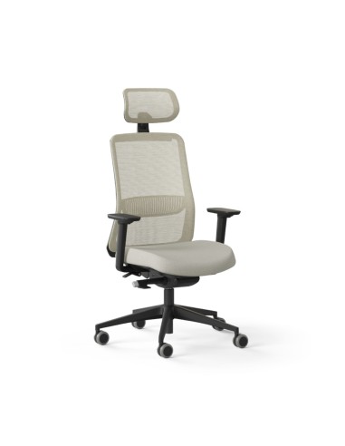 Chaise de bureau ergonomique EIRA avec dossier résille beige, assise rembourrée, têtière et accoudoirs réglables.