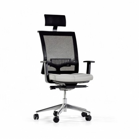 Fauteuil de direction EVA.II avec dossier résille blanc, appui-tête noir, assise rembourrée et base aluminium poli.