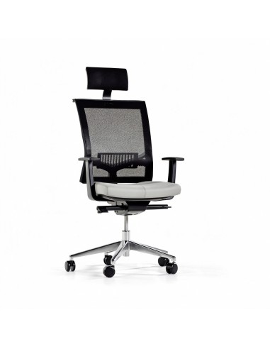 Fauteuil de direction EVA.II avec dossier résille blanc, appui-tête noir, assise rembourrée et base aluminium poli.