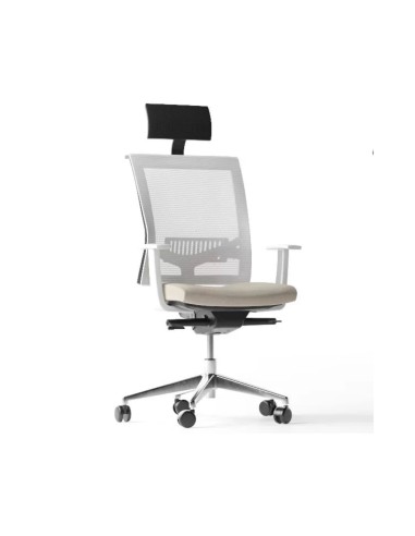 Fauteuil de direction EVA.II avec dossier résille, appui-tête et mécanisme synchrone en blanc.