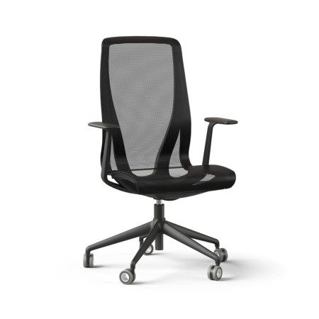 Chaise de bureau D-CHAIR noire avec assise et dossier en résille, accoudoirs fixes et piètement à roulettes.
