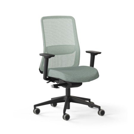 Chaise de bureau EIRA avec dossier résille menthe, assise tissu assortie, accoudoirs réglables et piètement noir.