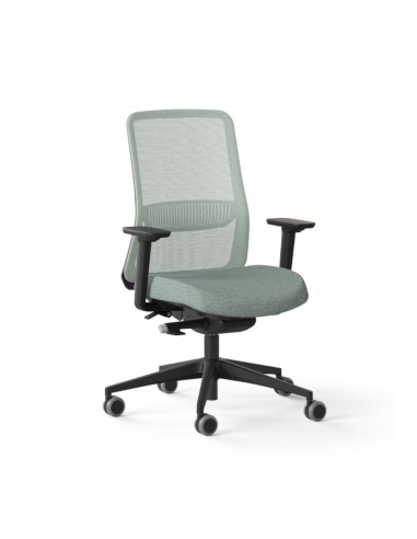 Chaise de bureau EIRA avec dossier résille menthe, assise tissu assortie, accoudoirs réglables et piètement noir.