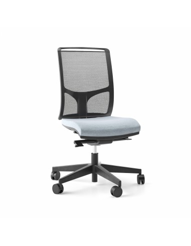 Chaise de travail DIVA avec dossier en résille noire, assise rembourrée et piètement à roulettes.