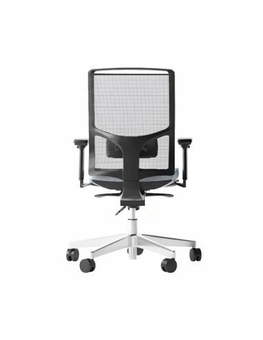 Chaise de travail DIVA avec dossier en résille noire, assise rembourrée et piètement aluminium à roulettes de dos.