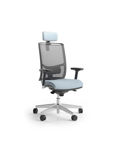 Fauteuil de direction DIVA avec têtière réglable, dossier en résille et base aluminium à roulettes.