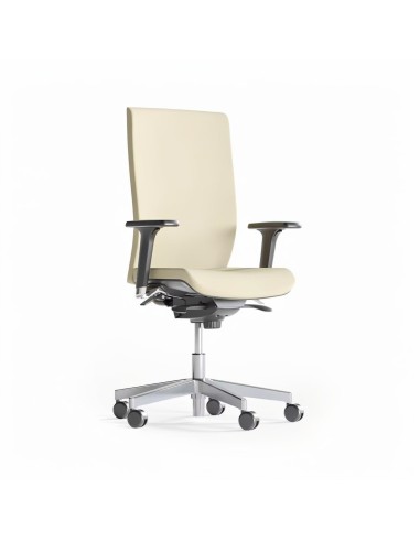 Chaise de travail ergonomique AURA avec dossier rembourré, accoudoirs et piètement aluminium à roulettes.