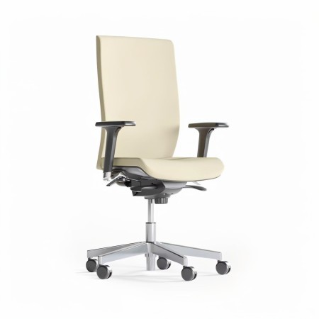 Chaise de travail ergonomique AURA avec dossier rembourré, accoudoirs et piètement aluminium à roulettes.