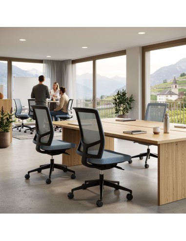 Chaise de travail EVA.II avec dossier en résille pour bureaux installée dans un open space à Bâle.