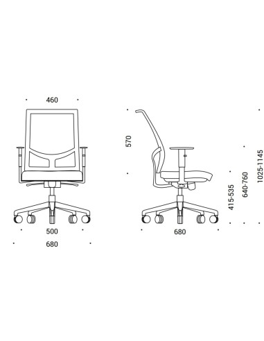 Dimensions de la chaise de travail EVA.II avec soutien lombaire avec mécanisme synchrone.