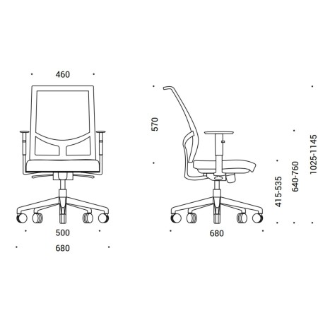Dimensions de la chaise de travail EVA.II avec soutien lombaire avec mécanisme synchrone.