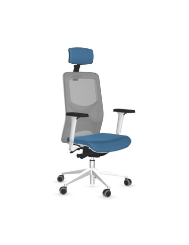Siège de travail ergonomique WIND avec têtière réglable, dossier résille et assise tissu bleue.