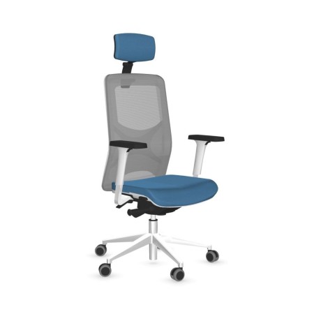 Siège de travail ergonomique WIND avec têtière réglable, dossier résille et assise tissu bleue.