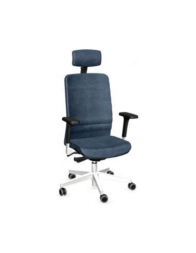 Siège de direction WIND avec dossier rembourré bleu, têtière réglable et piètement aluminium poli.