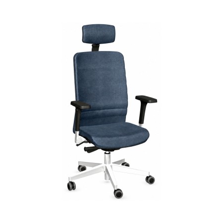 Siège de direction WIND avec dossier rembourré bleu, têtière réglable et piètement aluminium poli.