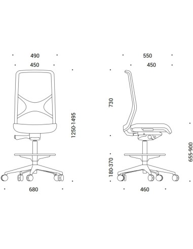 Dimensions chaise haute de travail WIND résille roulettes.