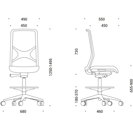 Dimensions chaise haute de travail WIND résille roulettes.