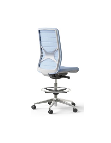 Chaise haute de travail avec dossier tissu bleu et roulettes WIND.