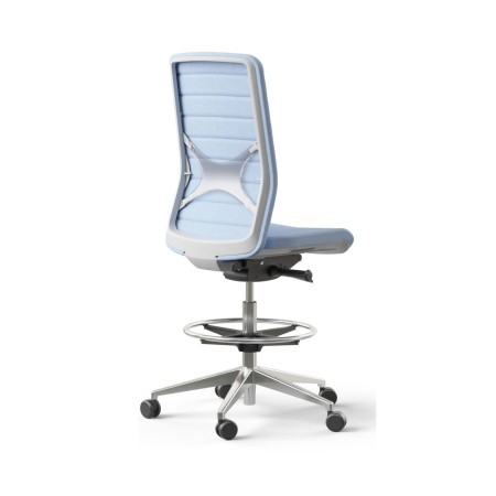 Chaise haute de travail avec dossier tissu bleu et roulettes WIND.