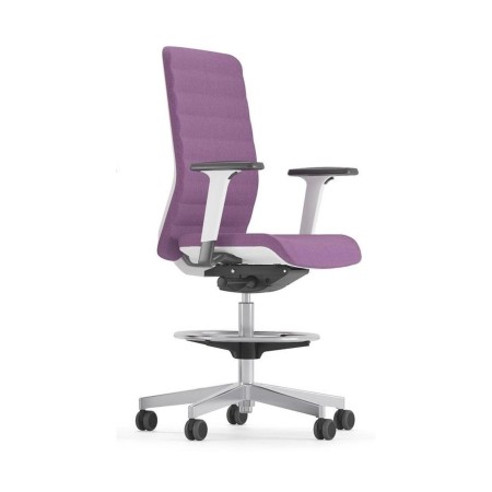 Chaise haute de travail WIND avec dossier tissu, repose-pieds circulaire et roulettes.