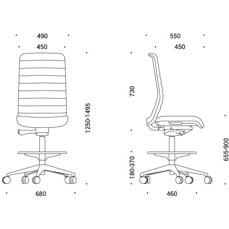 Dimensions de la chaise WIND hautes dossier tissu et roulettes.