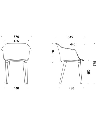 Dimensions de la chaise POLYTONE C avec pieds en bois.