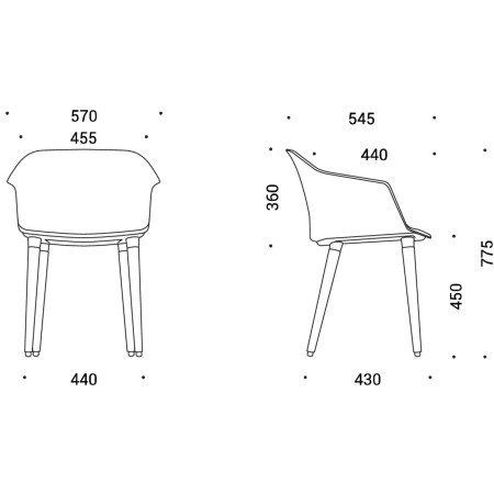 Dimensions de la chaise POLYTONE C avec pieds en bois.