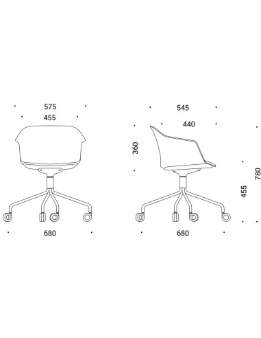 Dimensions de la chaise POLYTONE C sur roulettes.