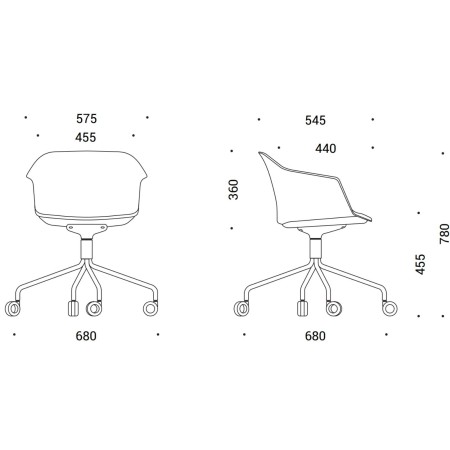 Dimensions de la chaise POLYTONE C sur roulettes.