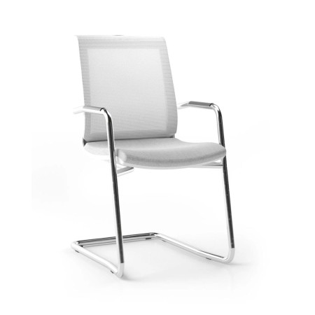 Chaise réunion blanche avec accoudoirs sur piètement luge chromé EVA.