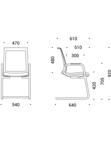 Dimensions de la chaise EVA avec accoudoirs et piètement luge.